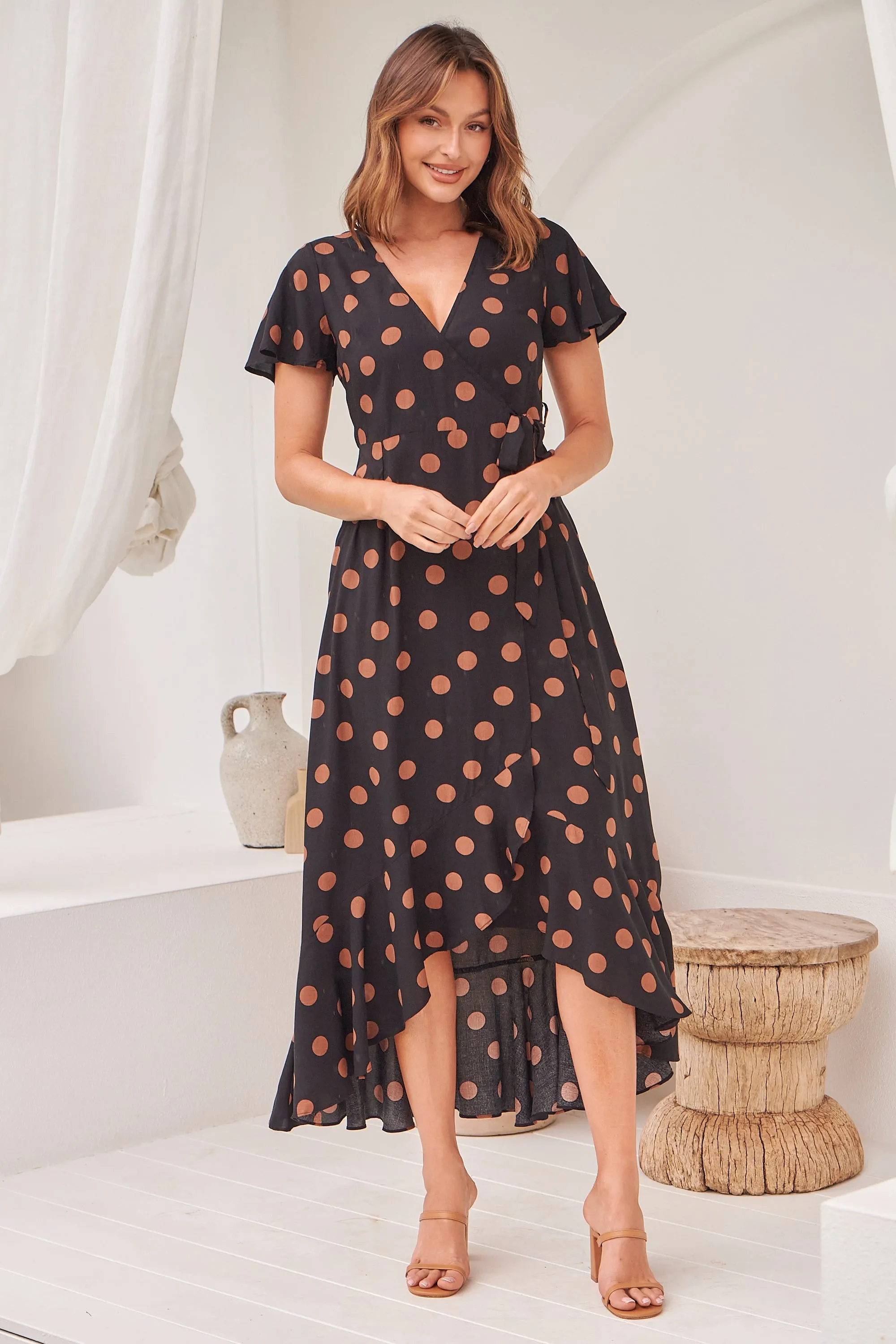 Marigold Polka Dot Black/Brown Wrap Maxi Dress