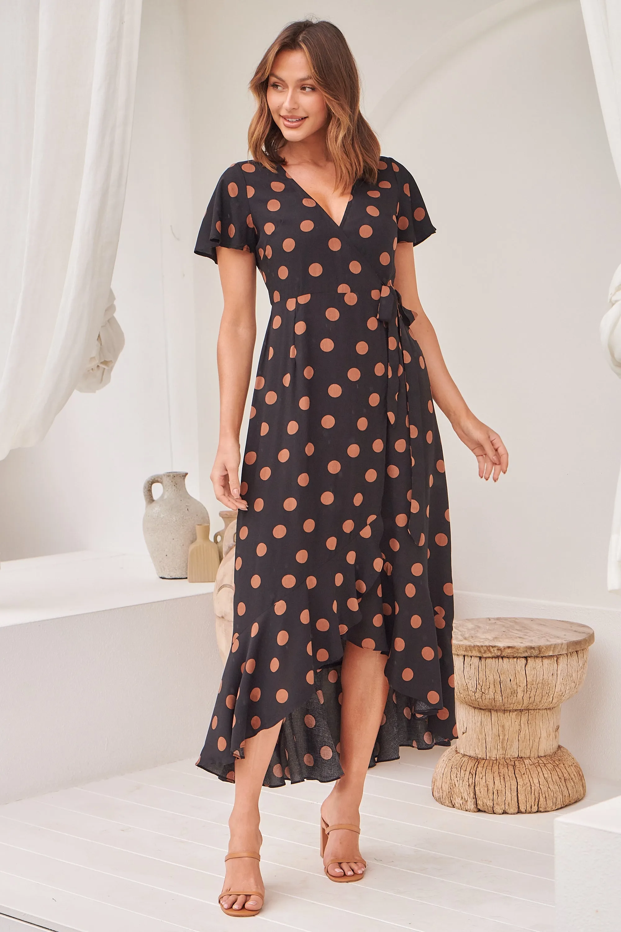 Marigold Polka Dot Black/Brown Wrap Maxi Dress