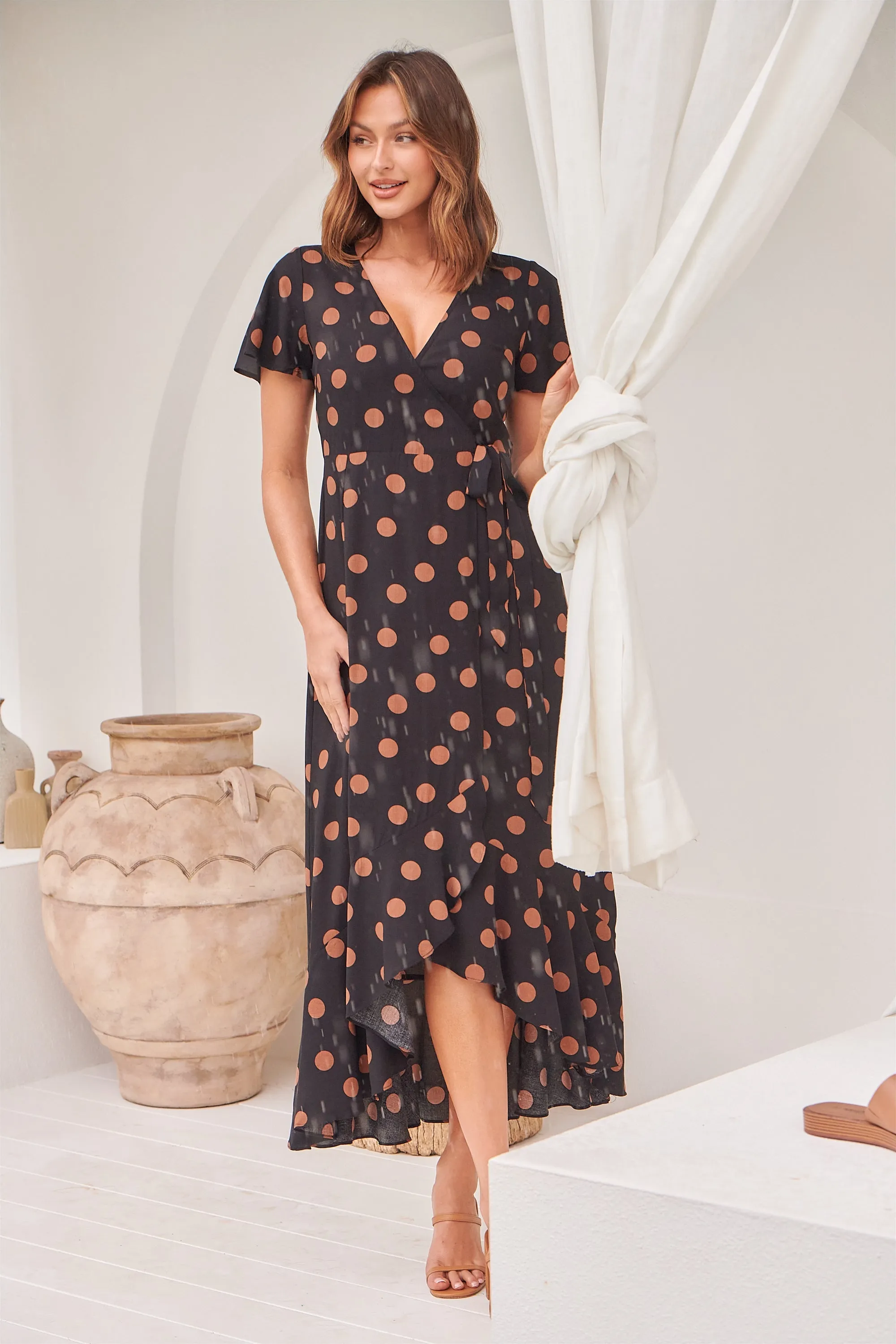 Marigold Polka Dot Black/Brown Wrap Maxi Dress