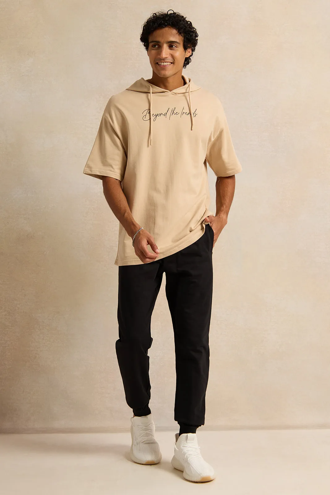 Men Beige Oversized Hooded T-Shirt