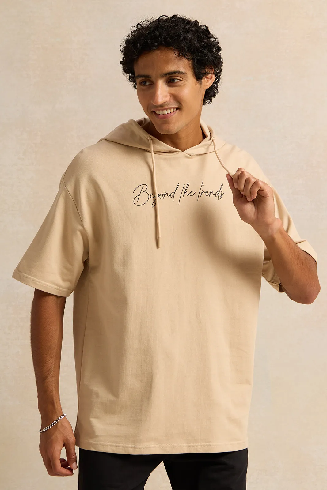 Men Beige Oversized Hooded T-Shirt