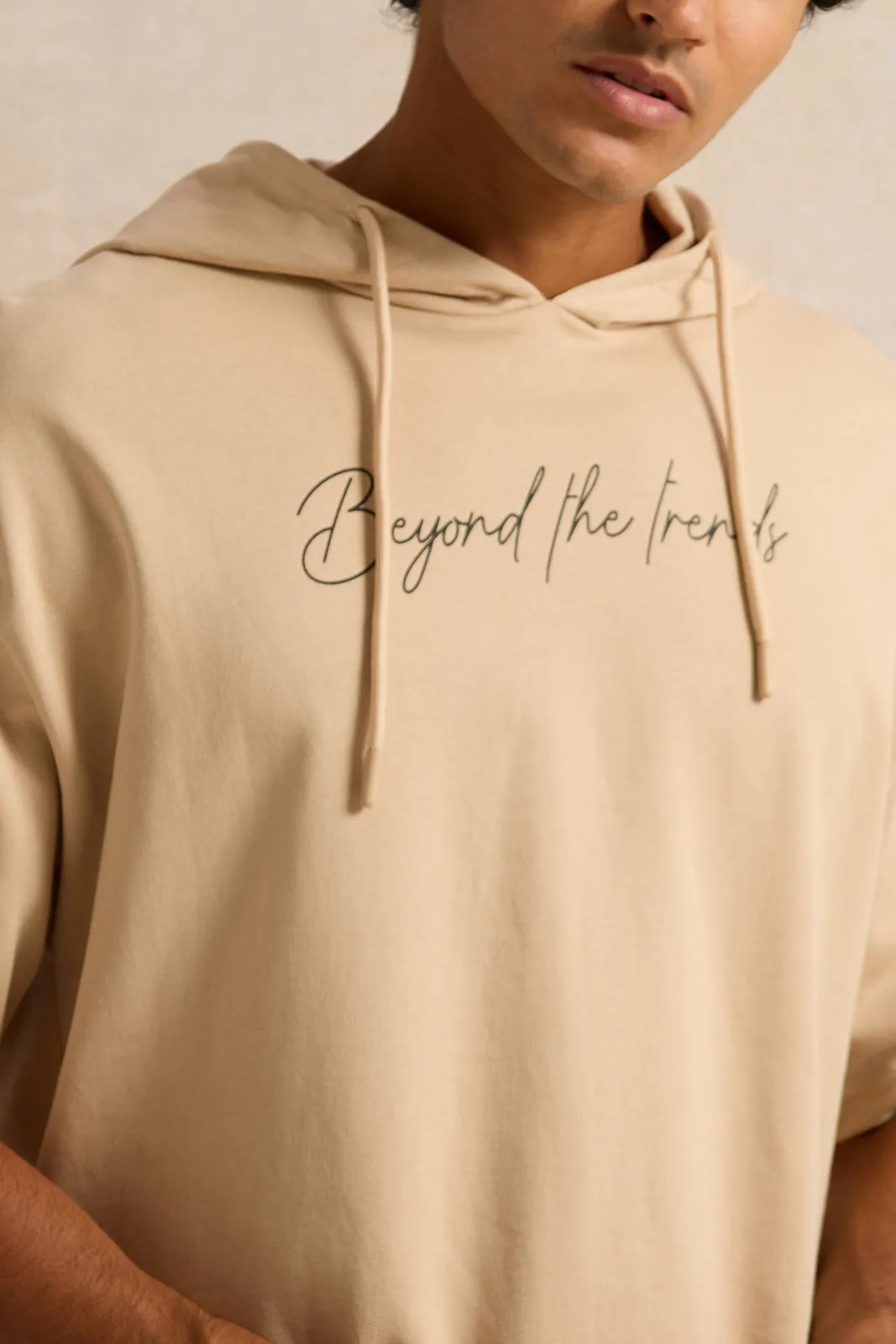 Men Beige Oversized Hooded T-Shirt