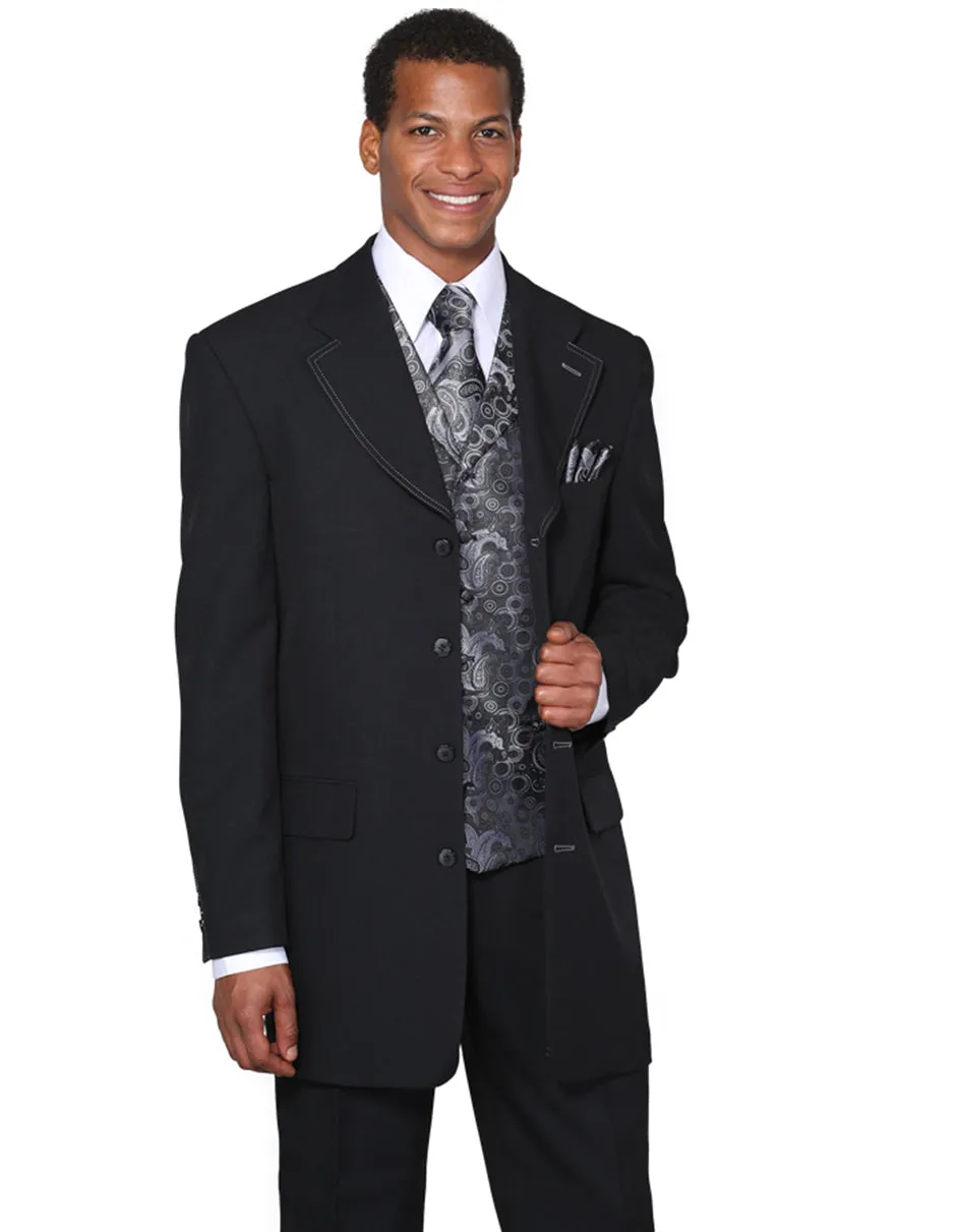 Mens 4 Button Wide Notch Lapel Fashion Black Suit