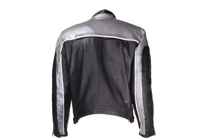 Mens Black and Silver Racer Leather Motorcycle Jacket