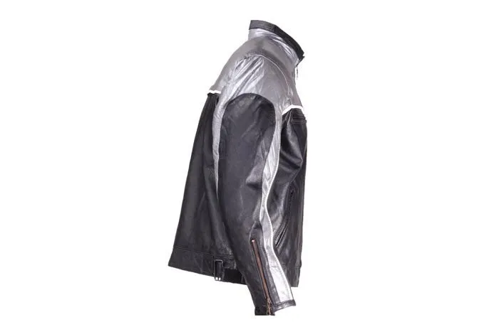 Mens Black and Silver Racer Leather Motorcycle Jacket