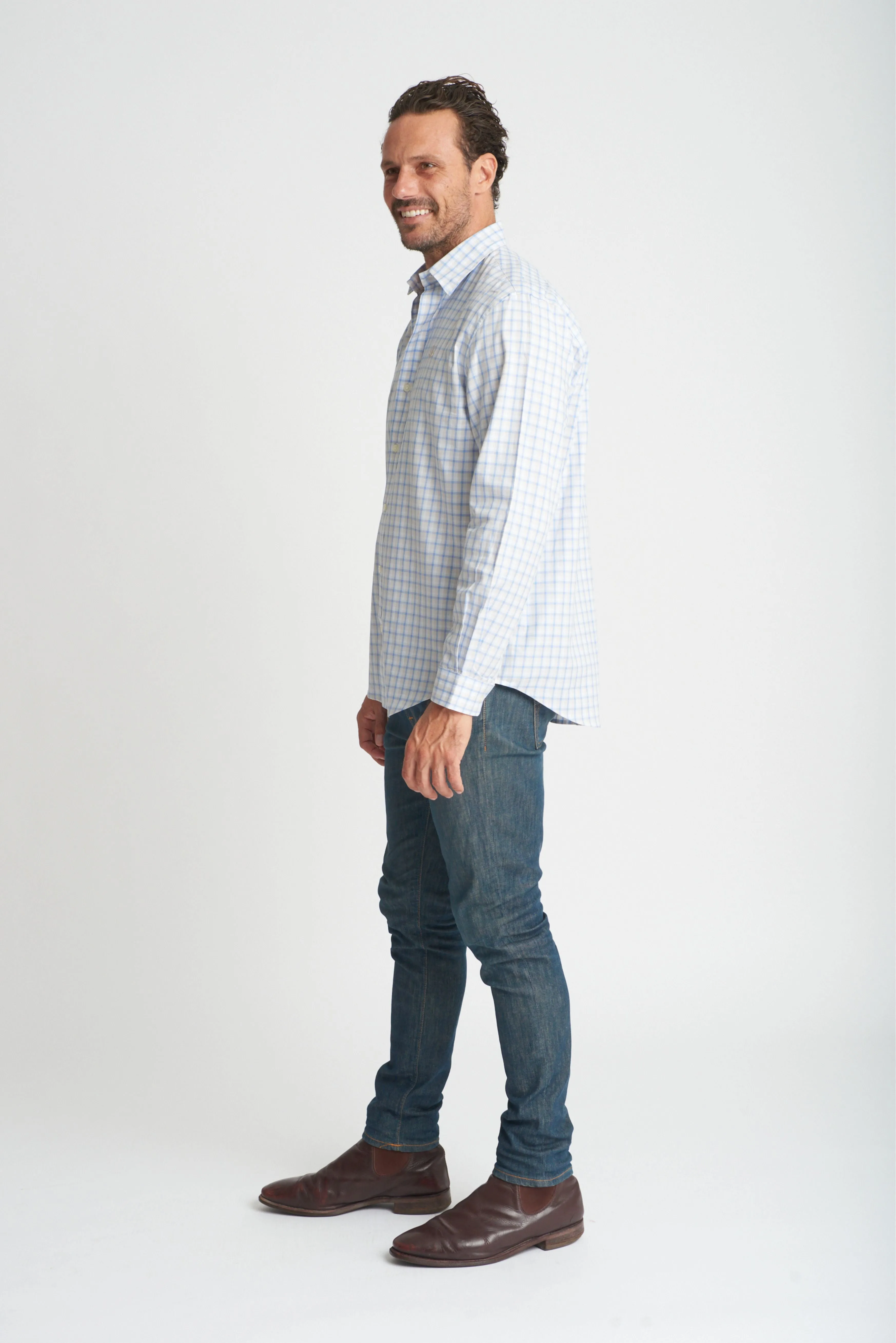 Mens Cotton Check Shirt Beige/Blue Check