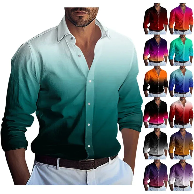 Men's Gradient Long Sleeve Casual Shirt – Stylish Button-Down with Turn-Down Collar - Path Of Praise