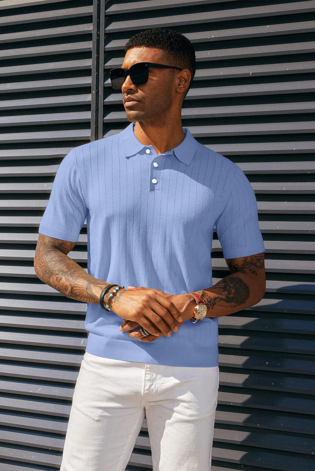 Men's Knit Polo Shirts Casual Short Sleeve Solid Button Down Pullover Polo T Shirts