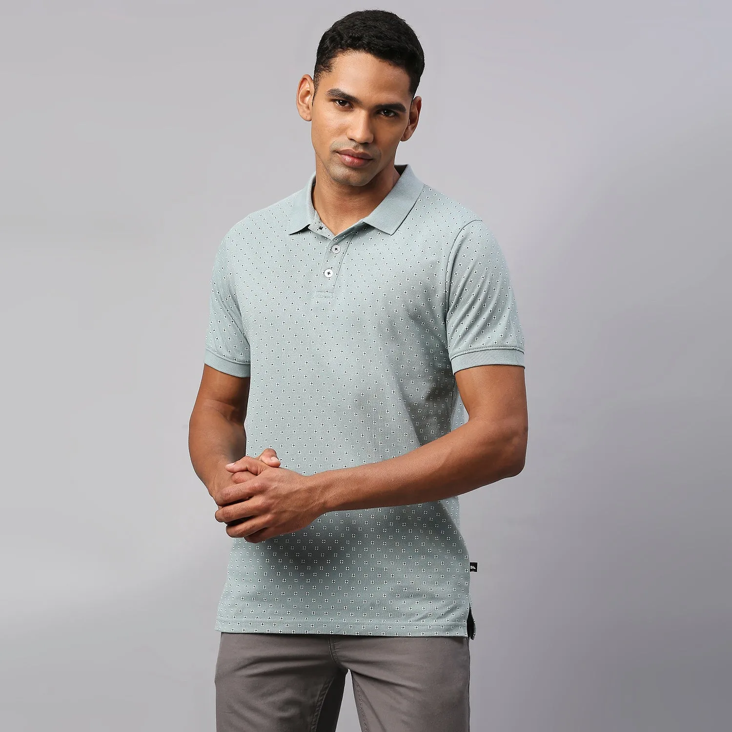 Men's Pure Cotton All Over Printed Half Sleeves Polo T-Shirt (Powder Blue)