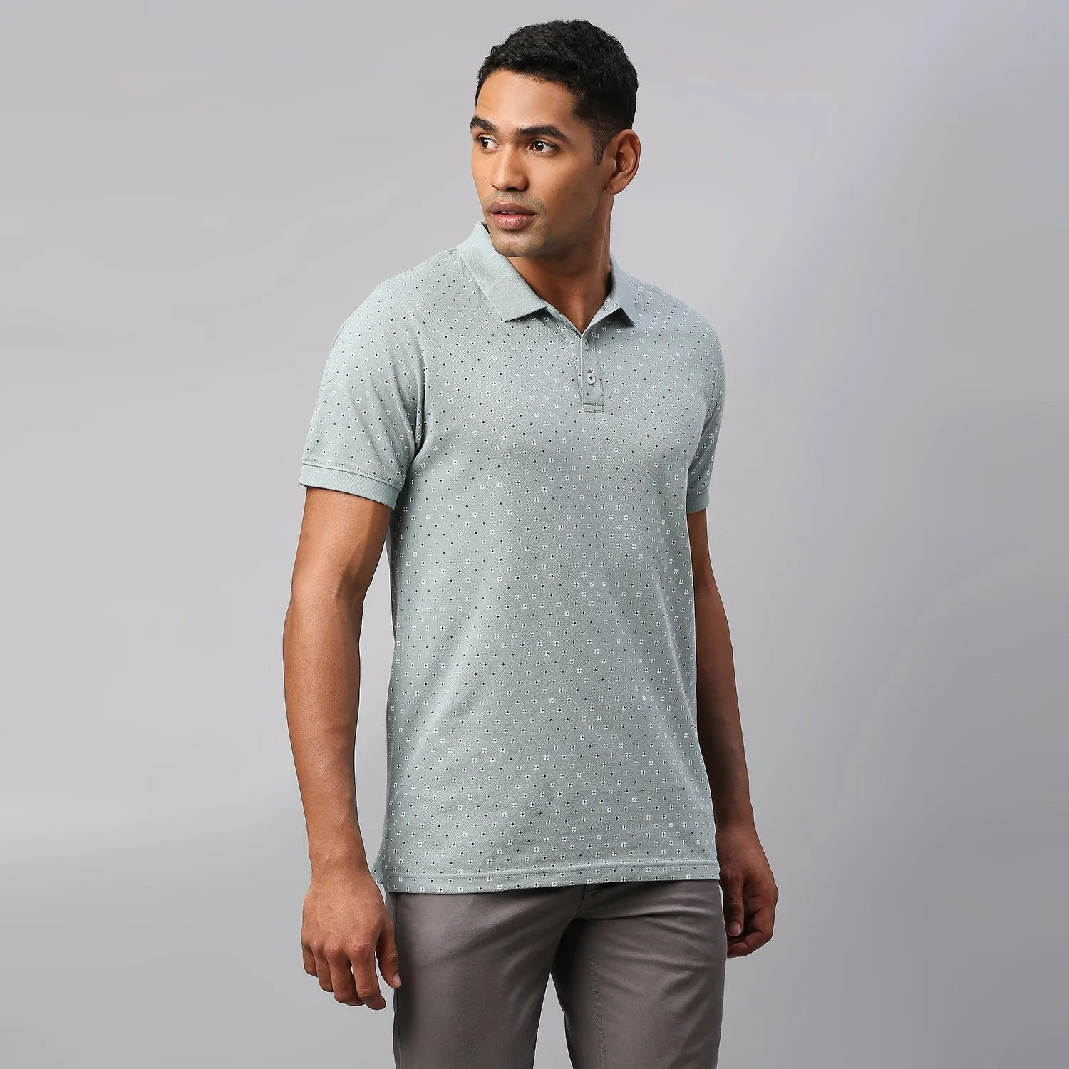 Men's Pure Cotton All Over Printed Half Sleeves Polo T-Shirt (Powder Blue)