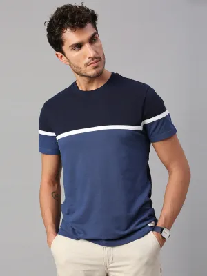 Men's Pure Cotton Color Block Half Sleeves Crew Neck T-Shirt (Navy)