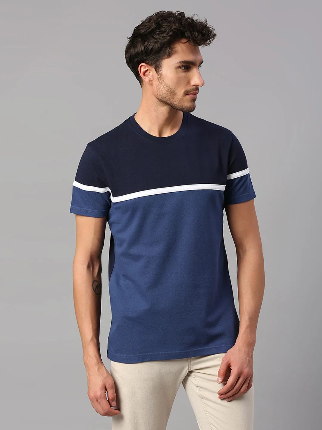 Men's Pure Cotton Color Block Half Sleeves Crew Neck T-Shirt (Navy)