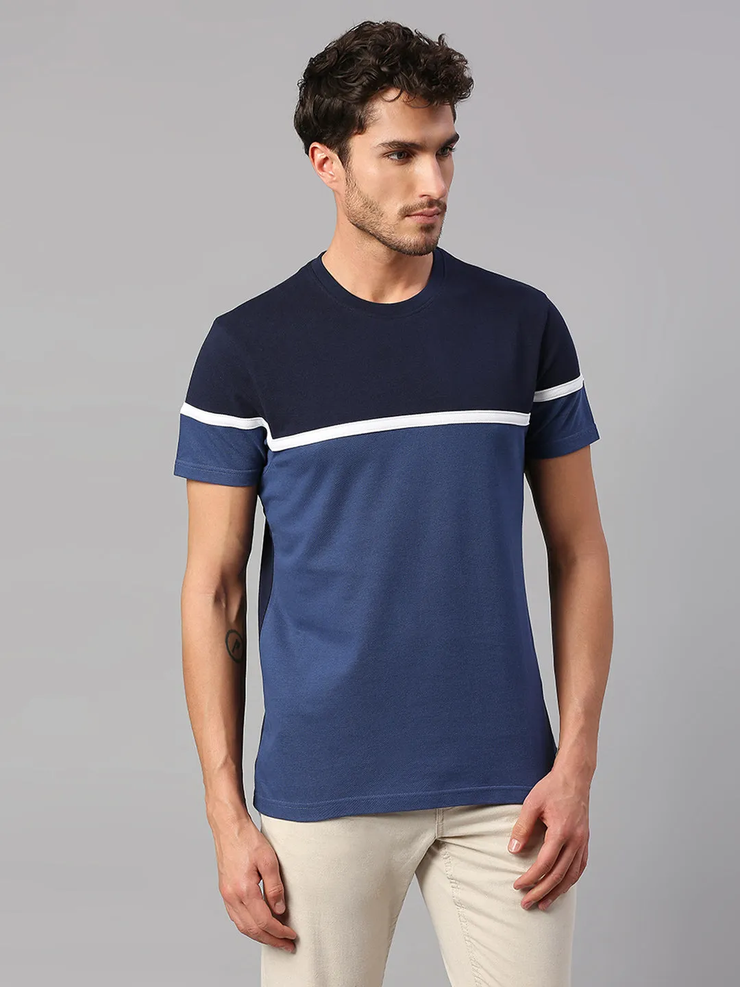 Men's Pure Cotton Color Block Half Sleeves Crew Neck T-Shirt (Navy)