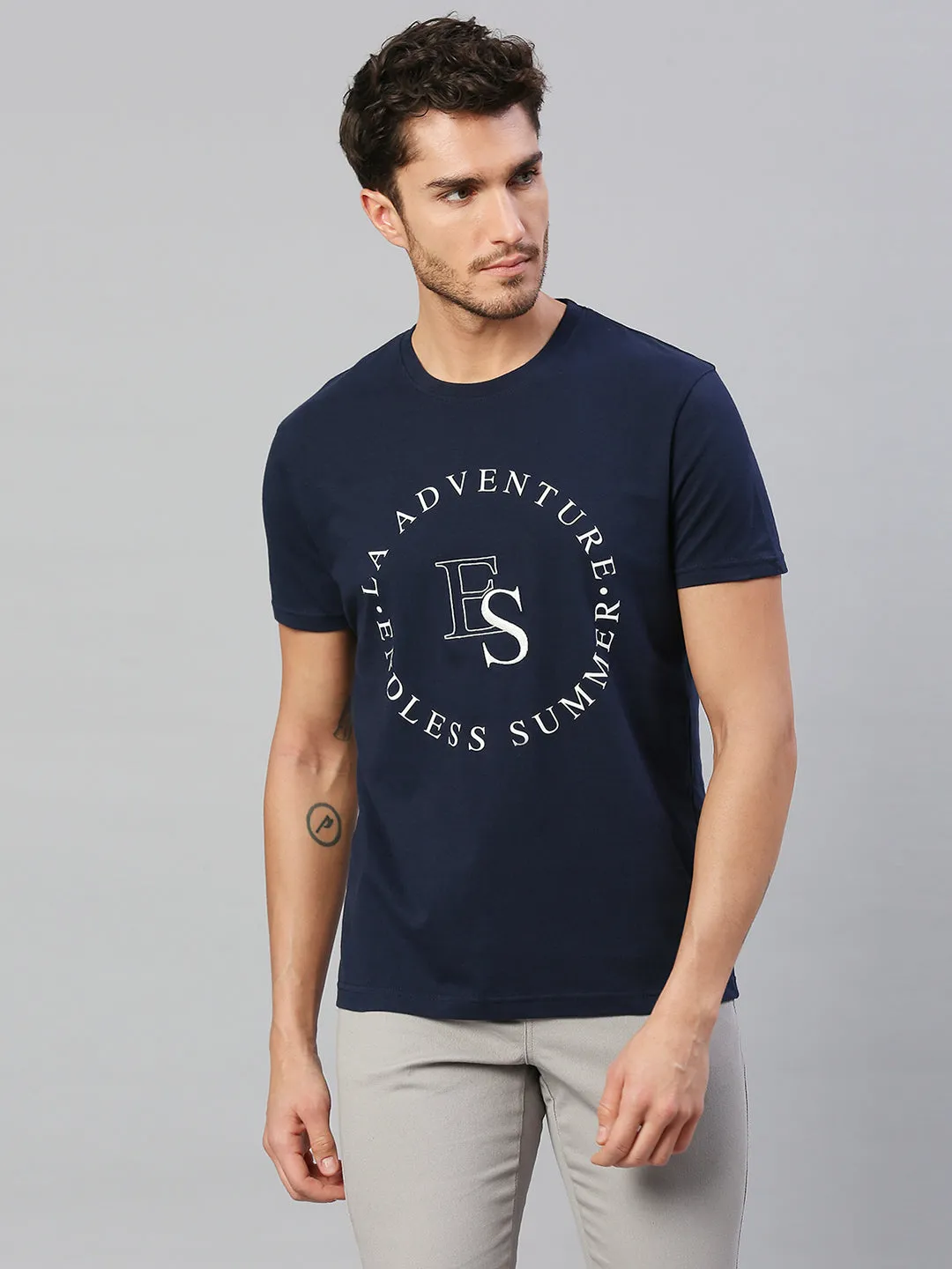 Men's Pure Cotton Printed Half Sleeves Casual T-Shirt (Navy)