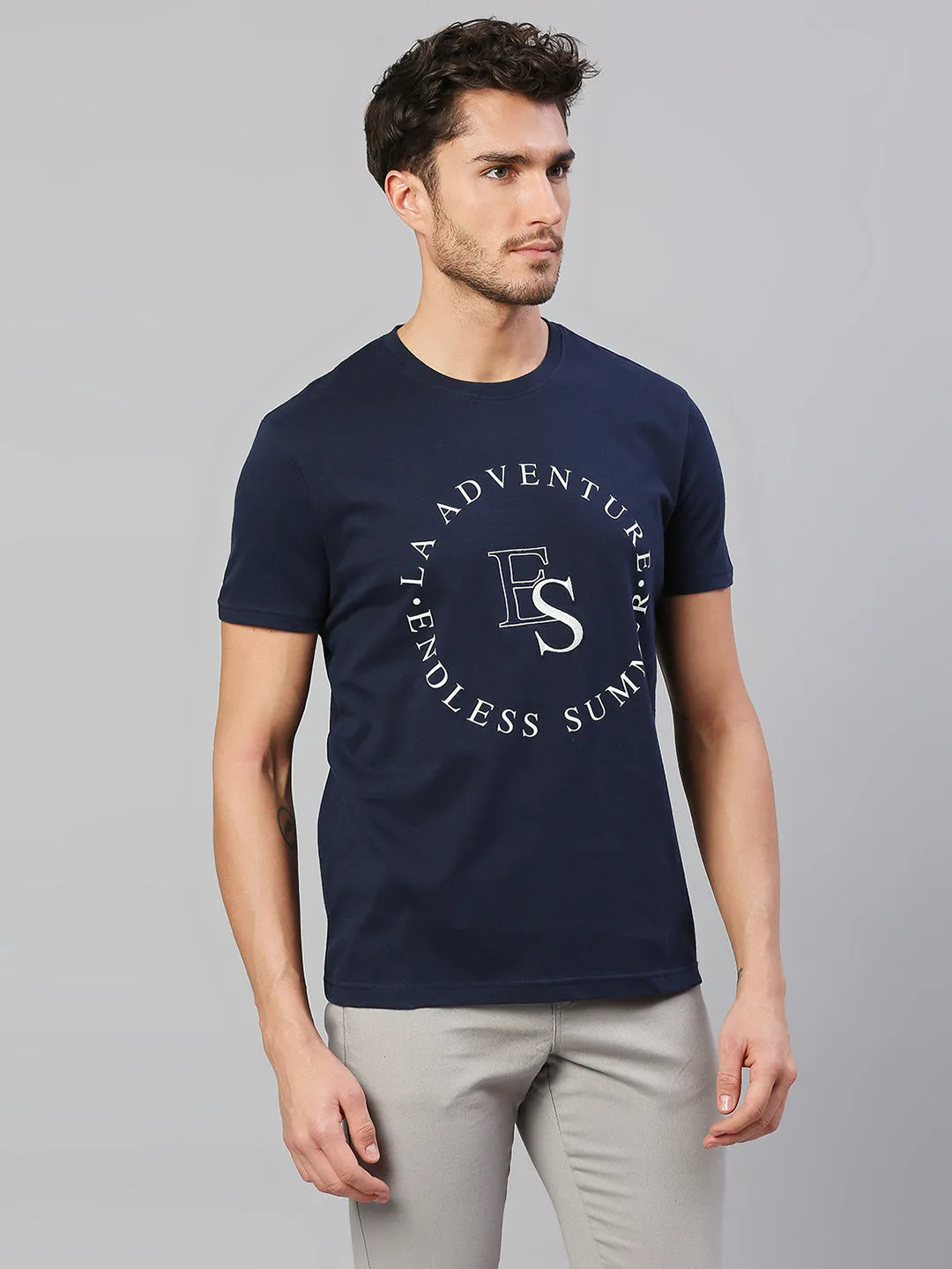 Men's Pure Cotton Printed Half Sleeves Casual T-Shirt (Navy)