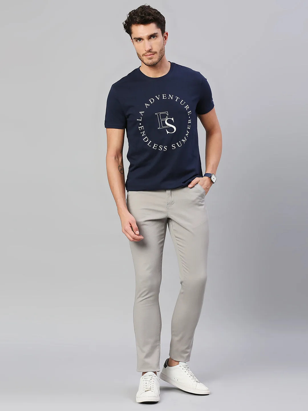 Men's Pure Cotton Printed Half Sleeves Casual T-Shirt (Navy)