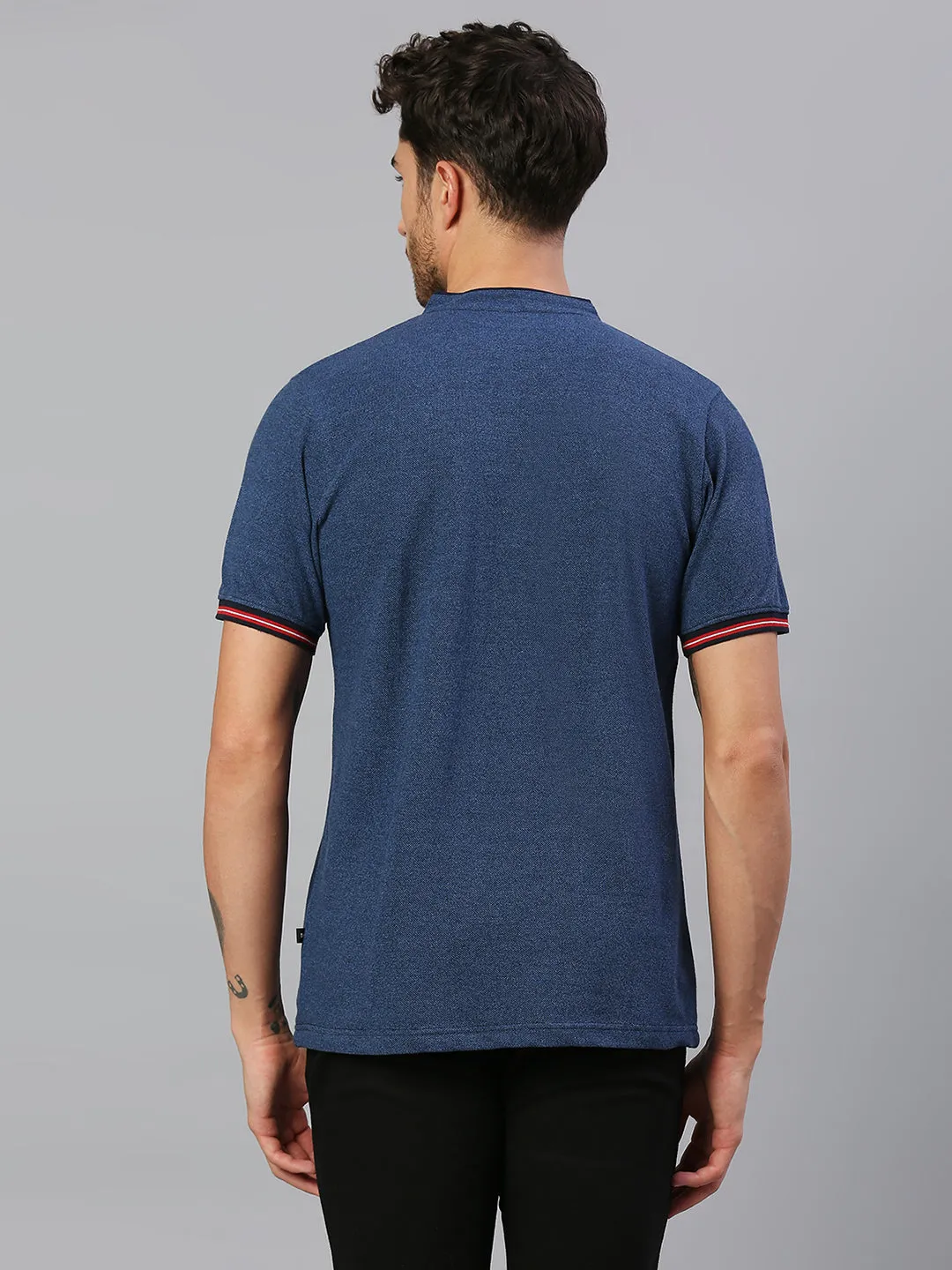 Men's Pure Cotton Solid Half Sleeves Henley T-Shirt (Blue)