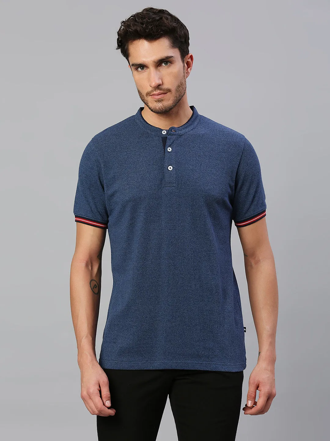 Men's Pure Cotton Solid Half Sleeves Henley T-Shirt (Blue)