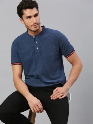 Men's Pure Cotton Solid Half Sleeves Henley T-Shirt (Blue)