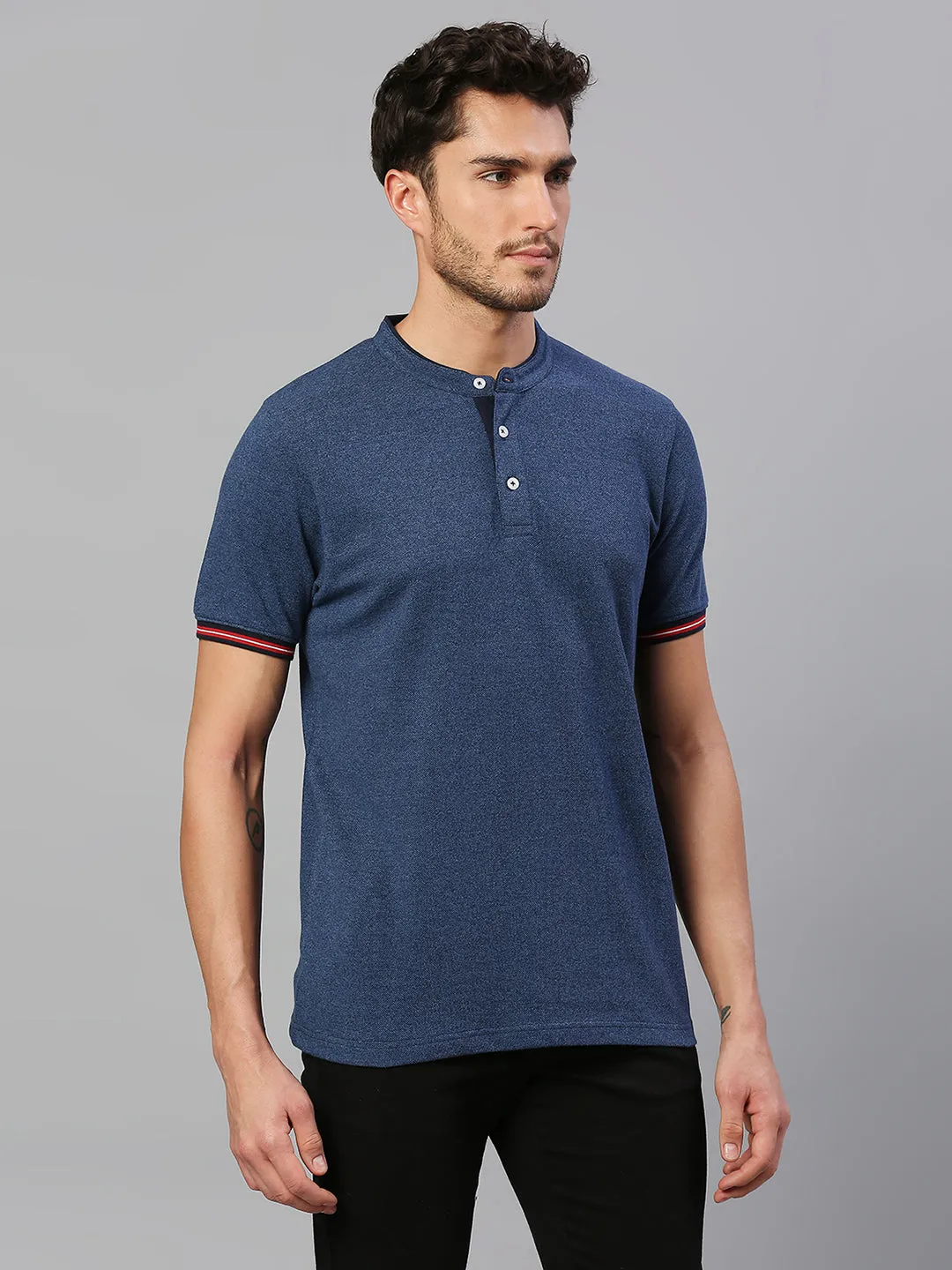 Men's Pure Cotton Solid Half Sleeves Henley T-Shirt (Blue)