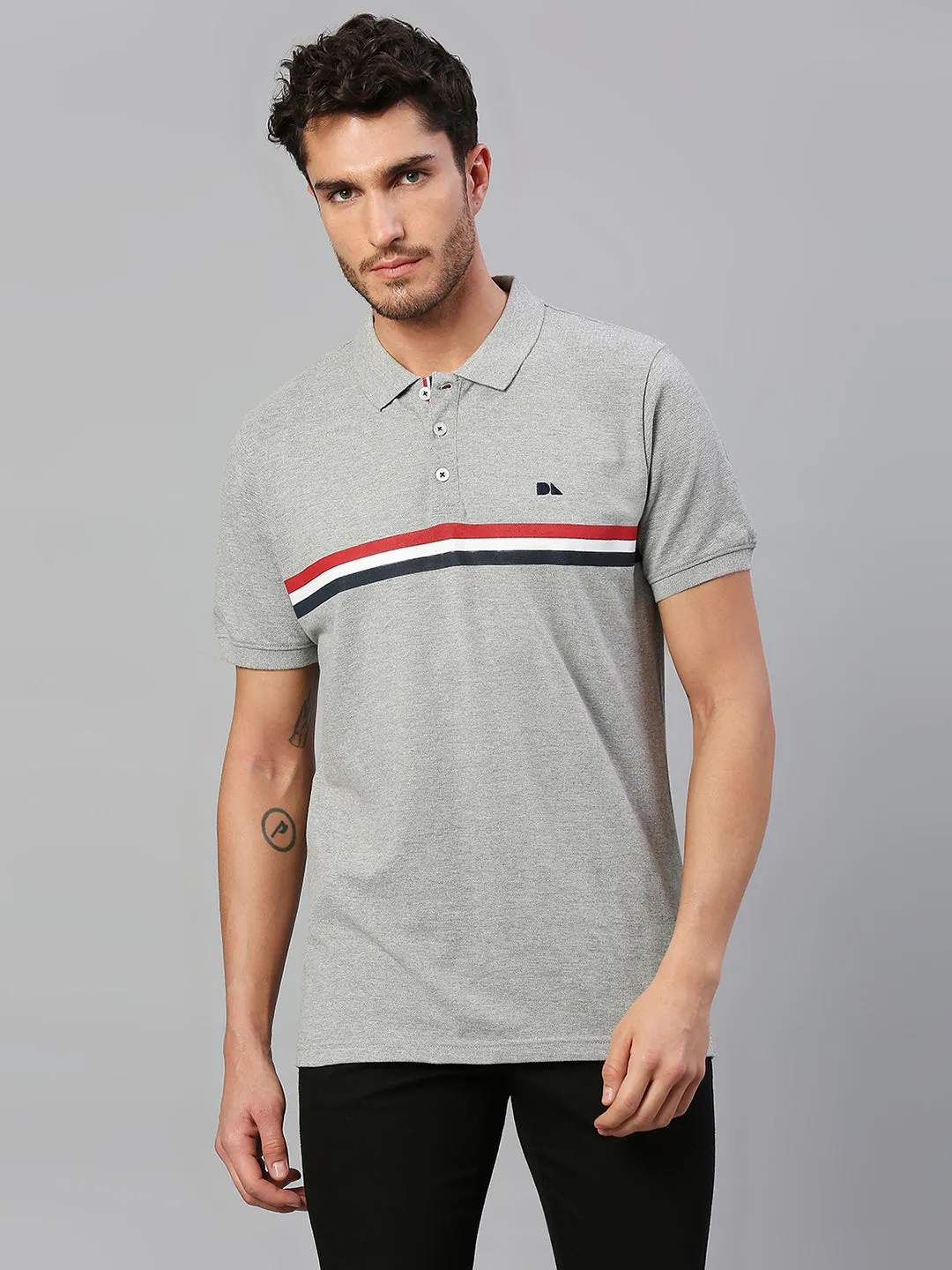 Men's Pure Cotton Striped Half Sleeves Polo T-Shirt (Grey)