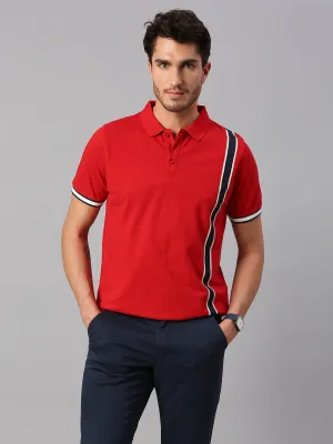 Men's Pure Cotton Striped Half Sleeves Polo T-Shirt (Red)