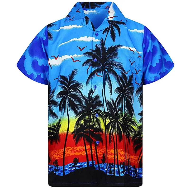 Mens Short Sleeve Colorful Hawaiian-style Pattern Button Down Shirt