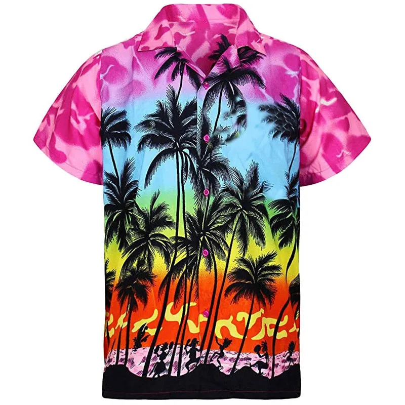 Mens Short Sleeve Colorful Hawaiian-style Pattern Button Down Shirt