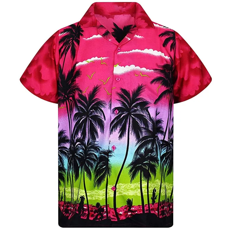 Mens Short Sleeve Colorful Hawaiian-style Pattern Button Down Shirt