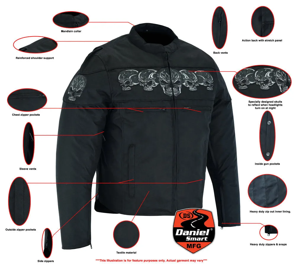 Men's Textile Scooter Style Jacket w/ Reflective Skulls