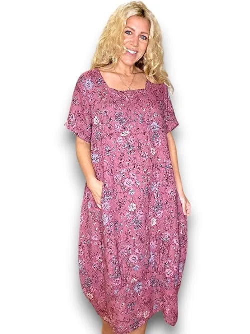 MID SLEEVE MAXI LINEN DRESS GRAPHIC BLOOM BERRY