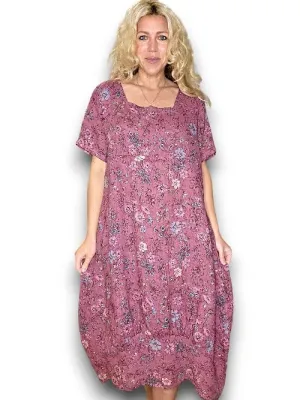 MID SLEEVE MAXI LINEN DRESS GRAPHIC BLOOM BERRY