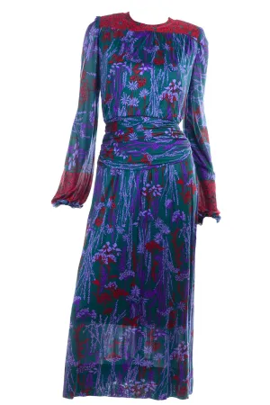 Numbered Lanvin Paris Vintage Dress in Purple Green Floral Jersey