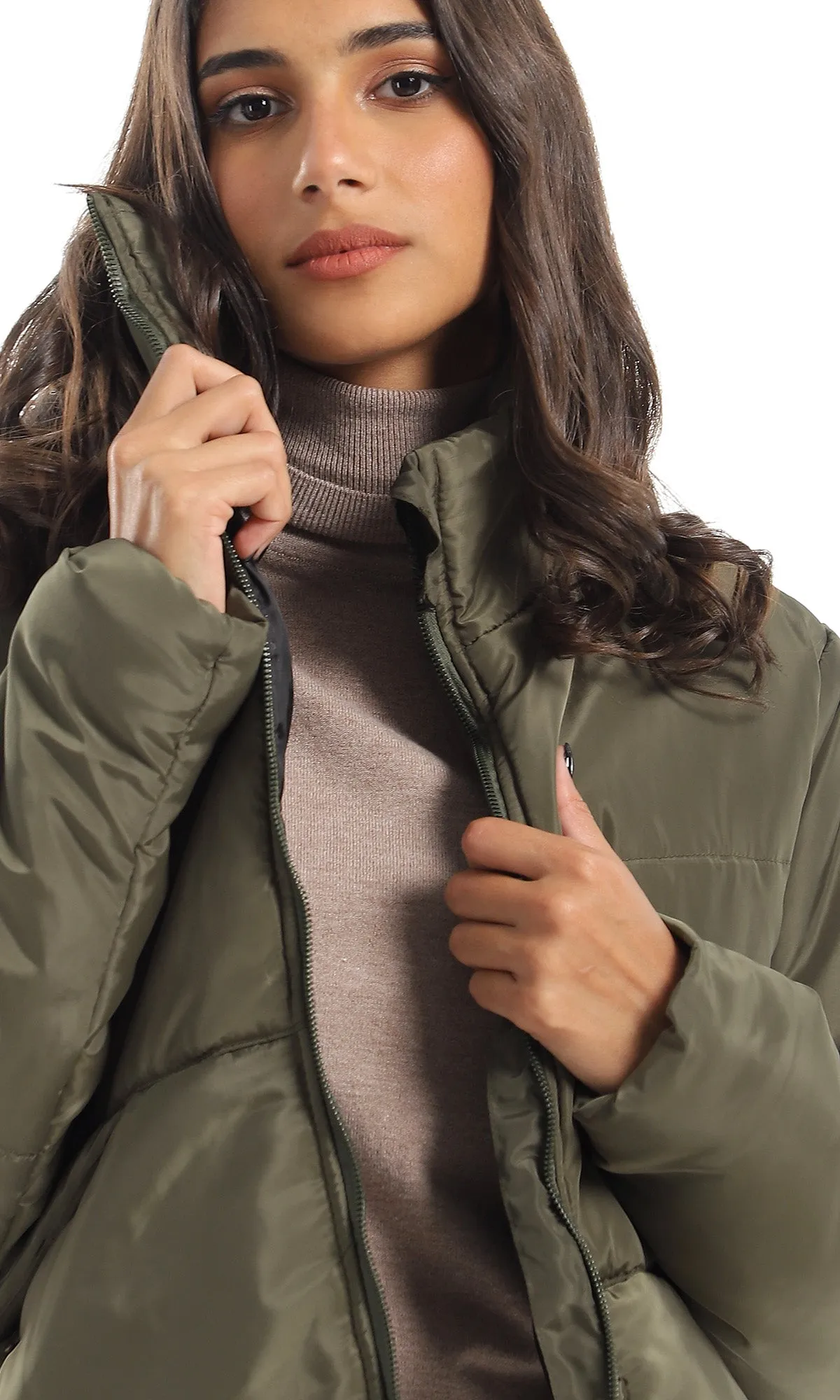 O158117 Zip Through Neck Olive Puffer Jacket