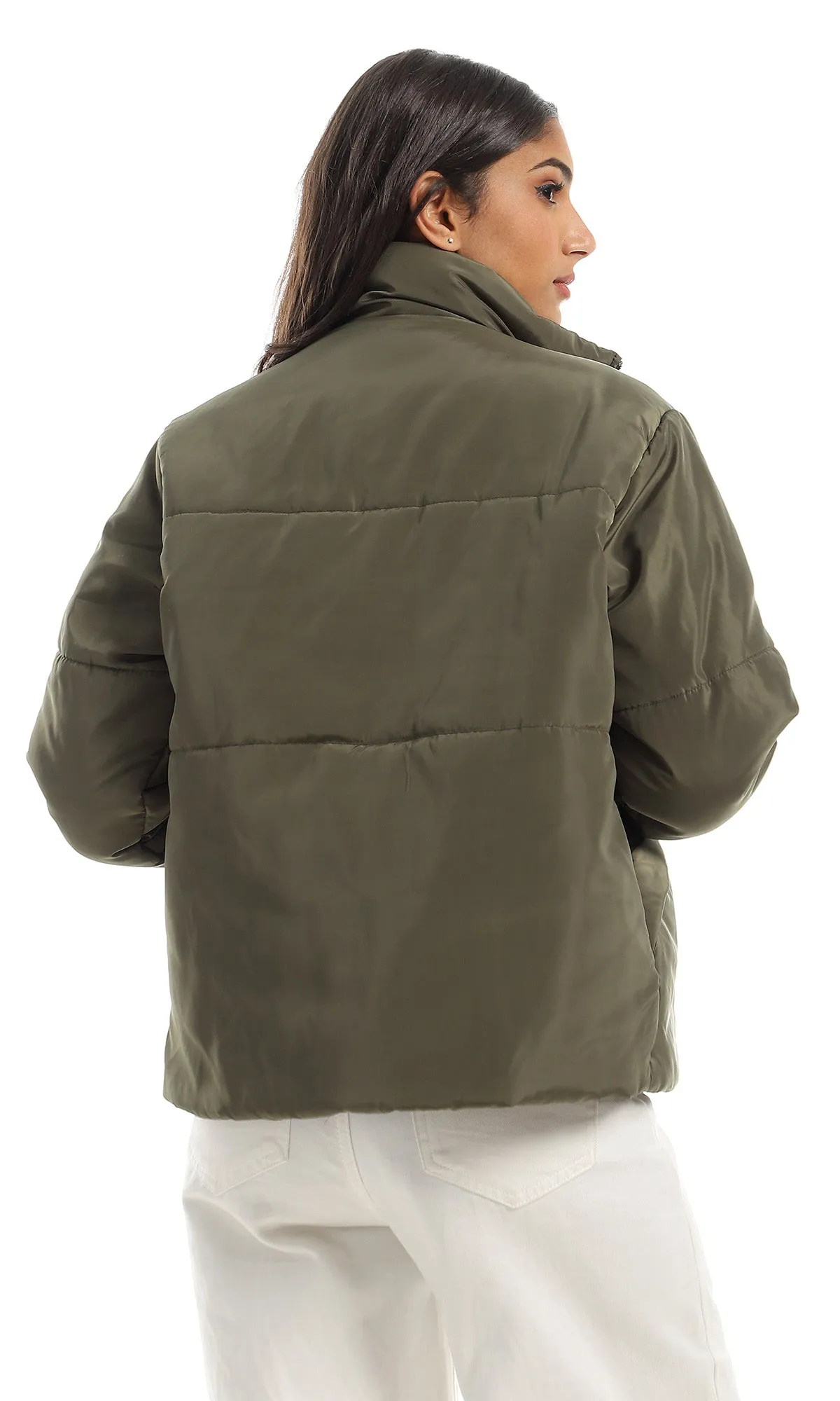 O158117 Zip Through Neck Olive Puffer Jacket