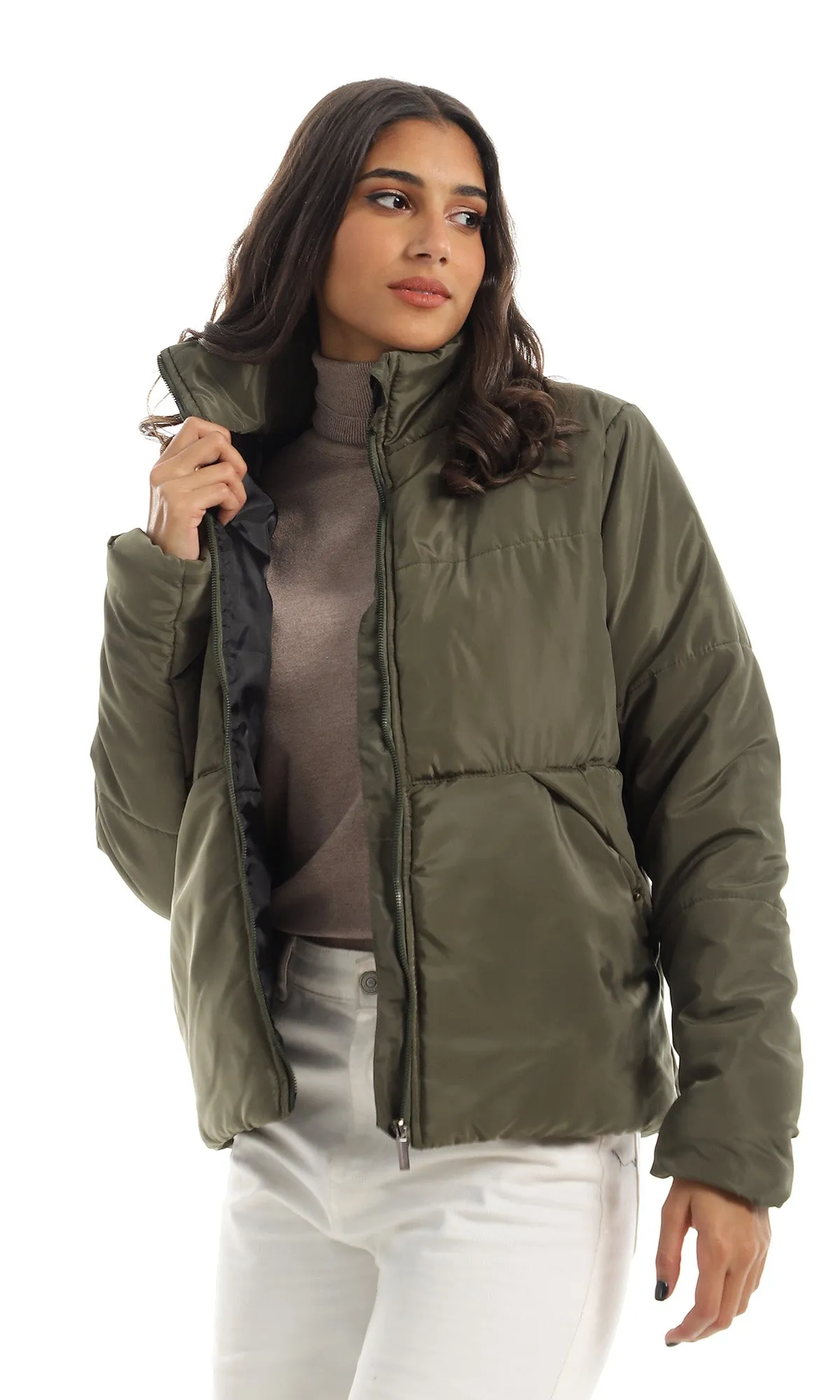 O158117 Zip Through Neck Olive Puffer Jacket