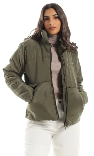 O158117 Zip Through Neck Olive Puffer Jacket