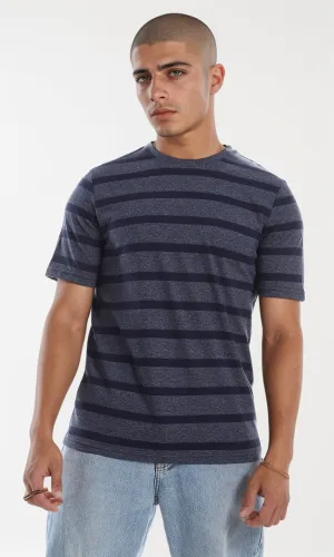 O164003 Round Neck Striped Short Sleeves Navy Blue T-Shirt