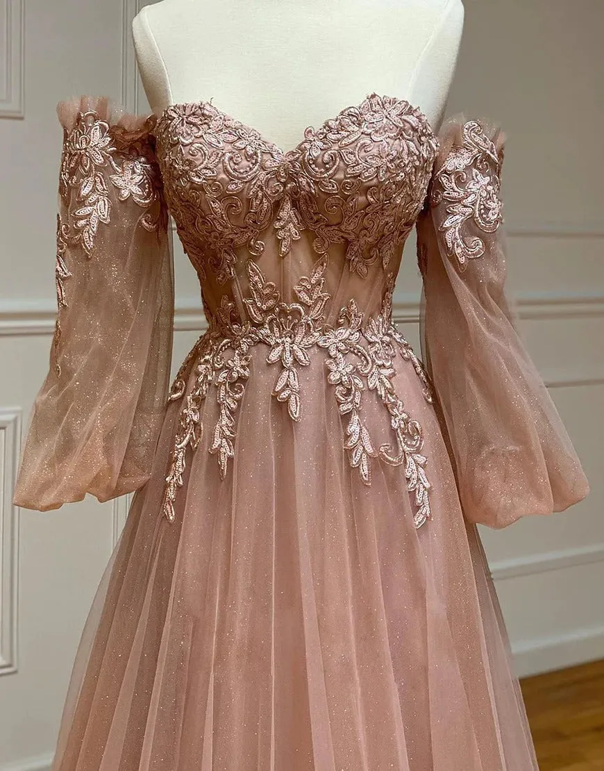 Pink Tulle Sweetheart Prom Dresses with Embroidery