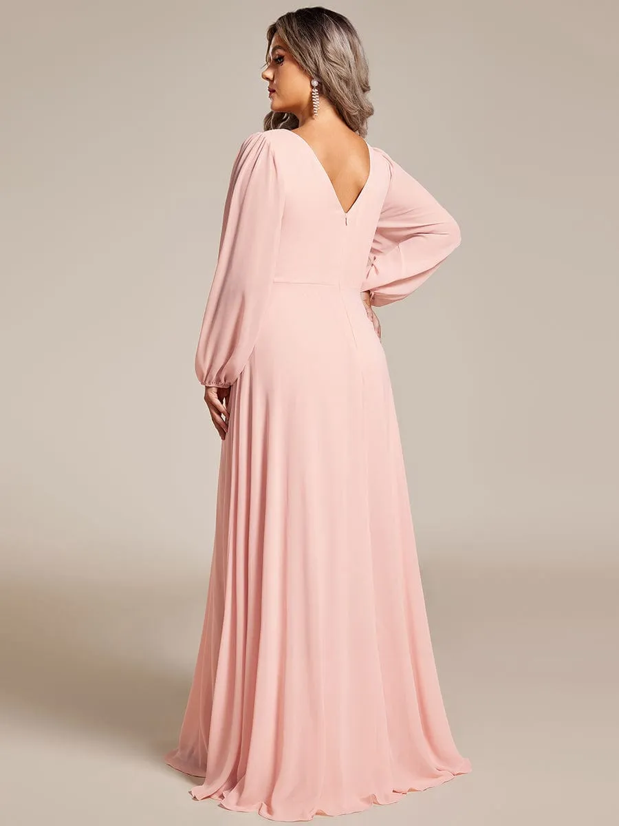 Pleated Double V-Neck Long Sleeves Shiny Belt Chiffon Mother of the Bride Dress