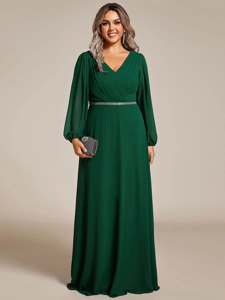 Pleated Double V-Neck Long Sleeves Shiny Belt Chiffon Mother of the Bride Dress