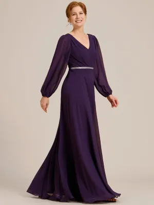 Pleated Double V-Neck Long Sleeves Shiny Belt Chiffon Mother of the Bride Dress