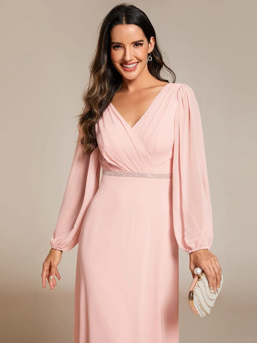 Pleated Double V-Neck Long Sleeves Shiny Belt Chiffon Mother of the Bride Dress