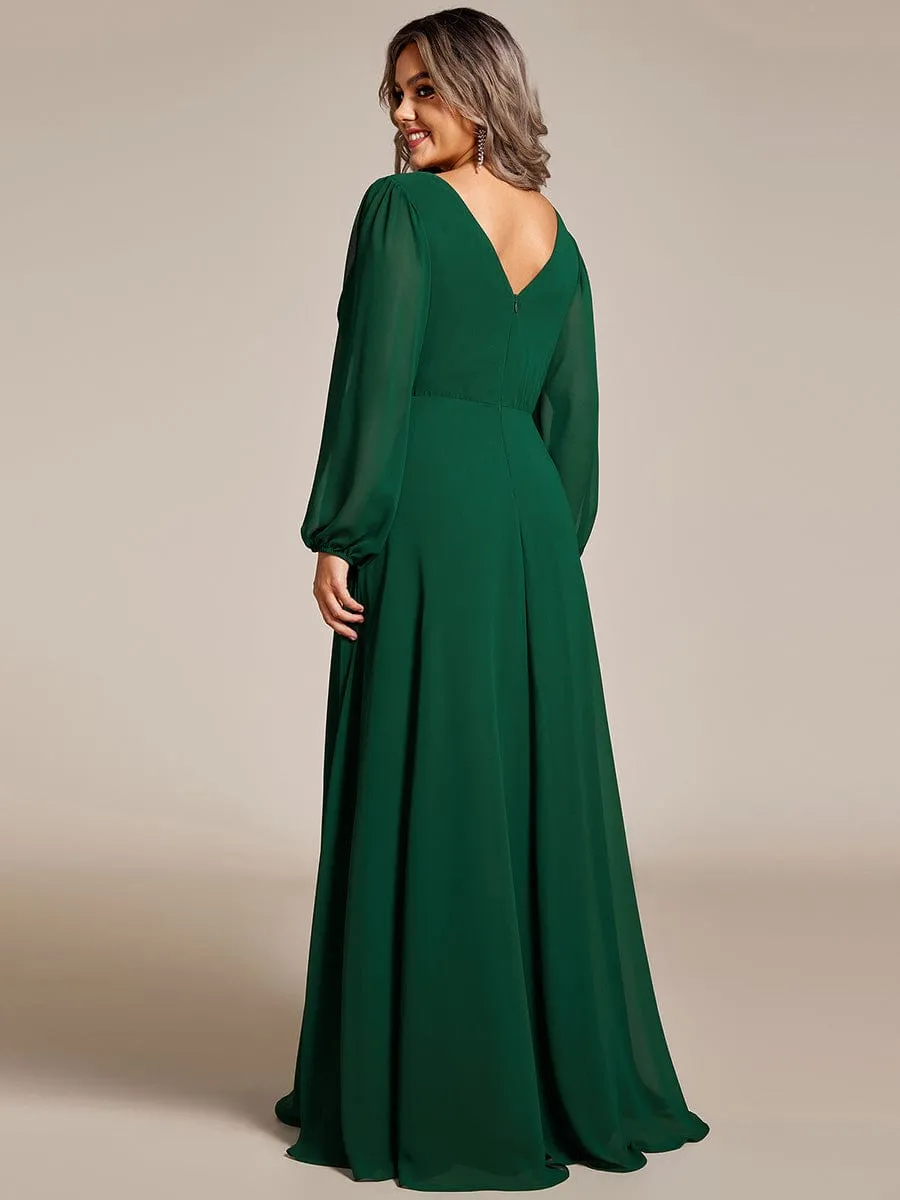 Pleated Double V-Neck Long Sleeves Shiny Belt Chiffon Mother of the Bride Dress