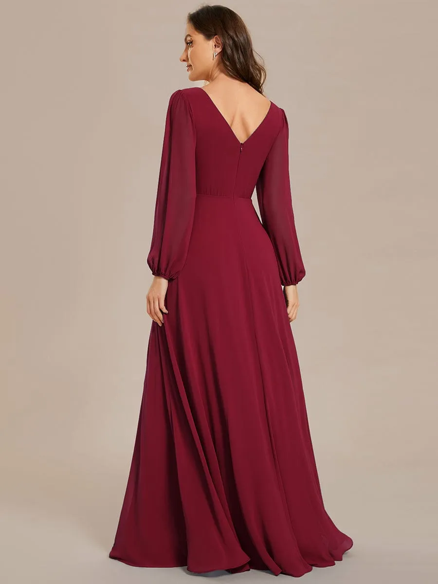 Pleated Double V-Neck Long Sleeves Shiny Belt Chiffon Mother of the Bride Dress