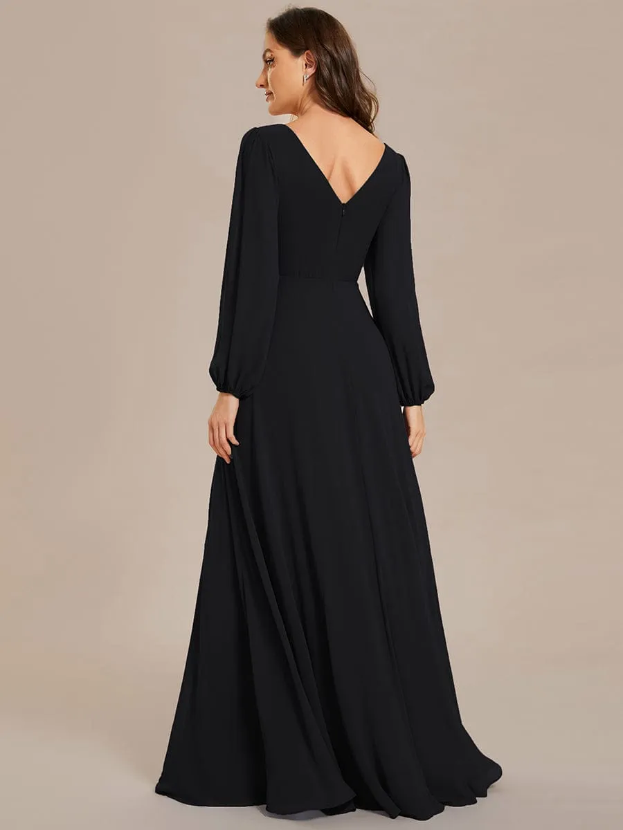 Pleated Double V-Neck Long Sleeves Shiny Belt Chiffon Mother of the Bride Dress