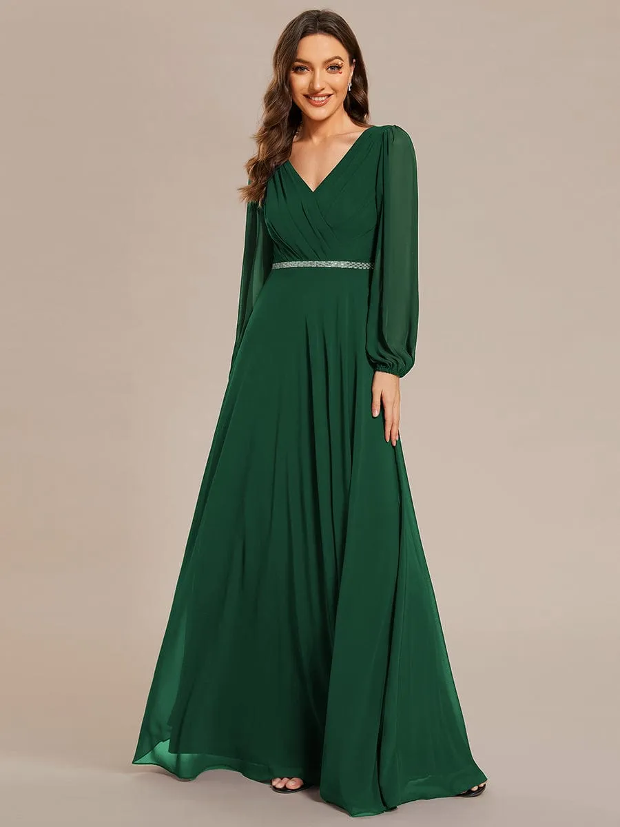 Pleated Double V-Neck Long Sleeves Shiny Belt Chiffon Mother of the Bride Dress