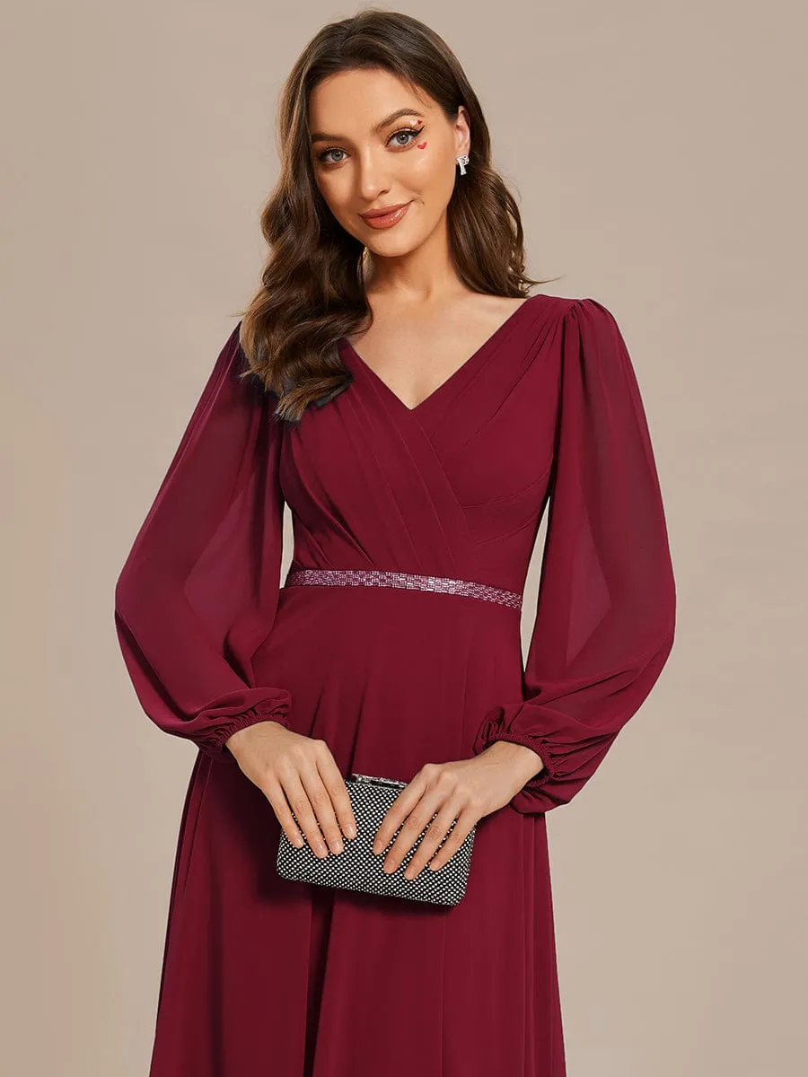 Pleated Double V-Neck Long Sleeves Shiny Belt Chiffon Mother of the Bride Dress