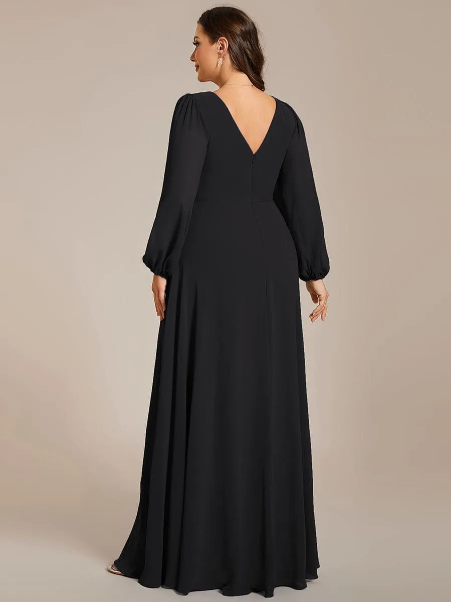 Pleated Double V-Neck Long Sleeves Shiny Belt Chiffon Mother of the Bride Dress