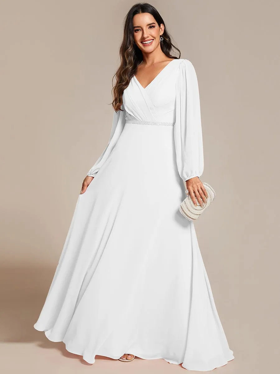 Pleated Double V-Neck Long Sleeves Shiny Belt Chiffon Mother of the Bride Dress